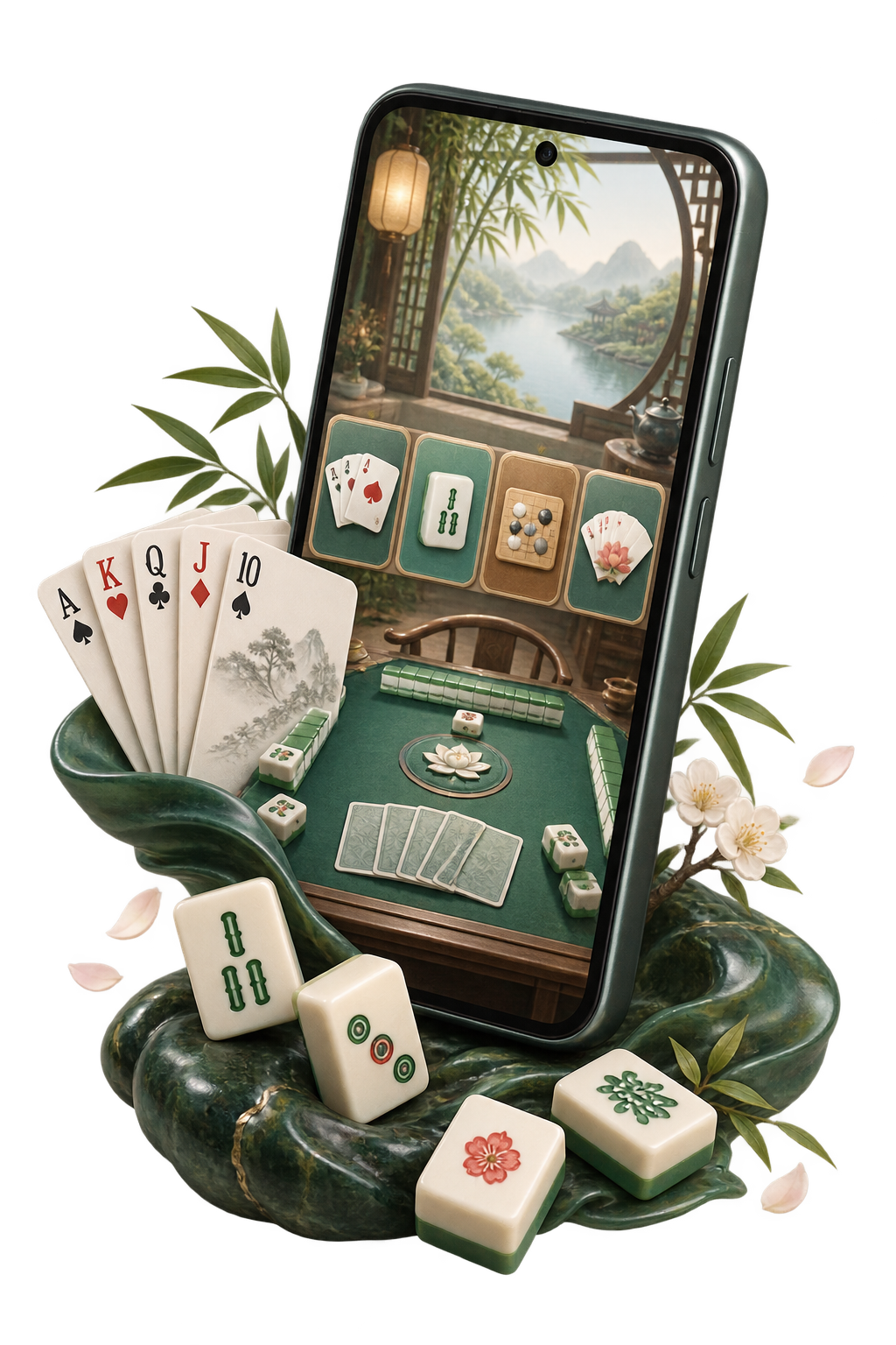 一部安卓手机展示棋牌应用界面，周围有扑克牌和麻将牌元素。